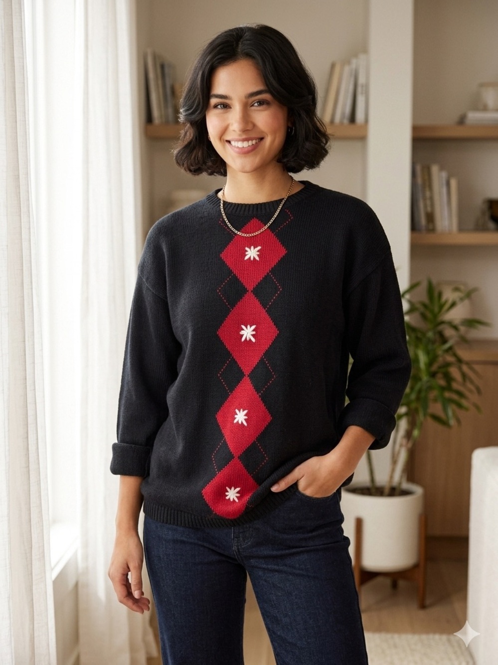 Vintage Liz Claiborne Black Crewneck Sweater with Red Argyle Detail Size Medium